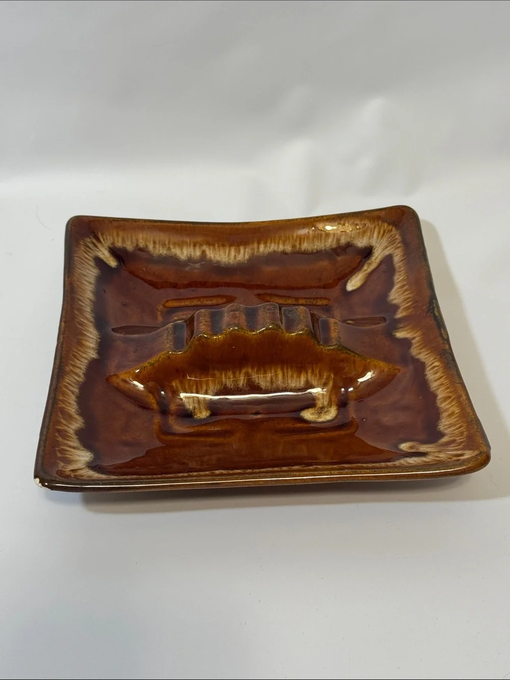 Vintage Mid-Century Modern Square Drip Glaze Ceramic Ashtray
